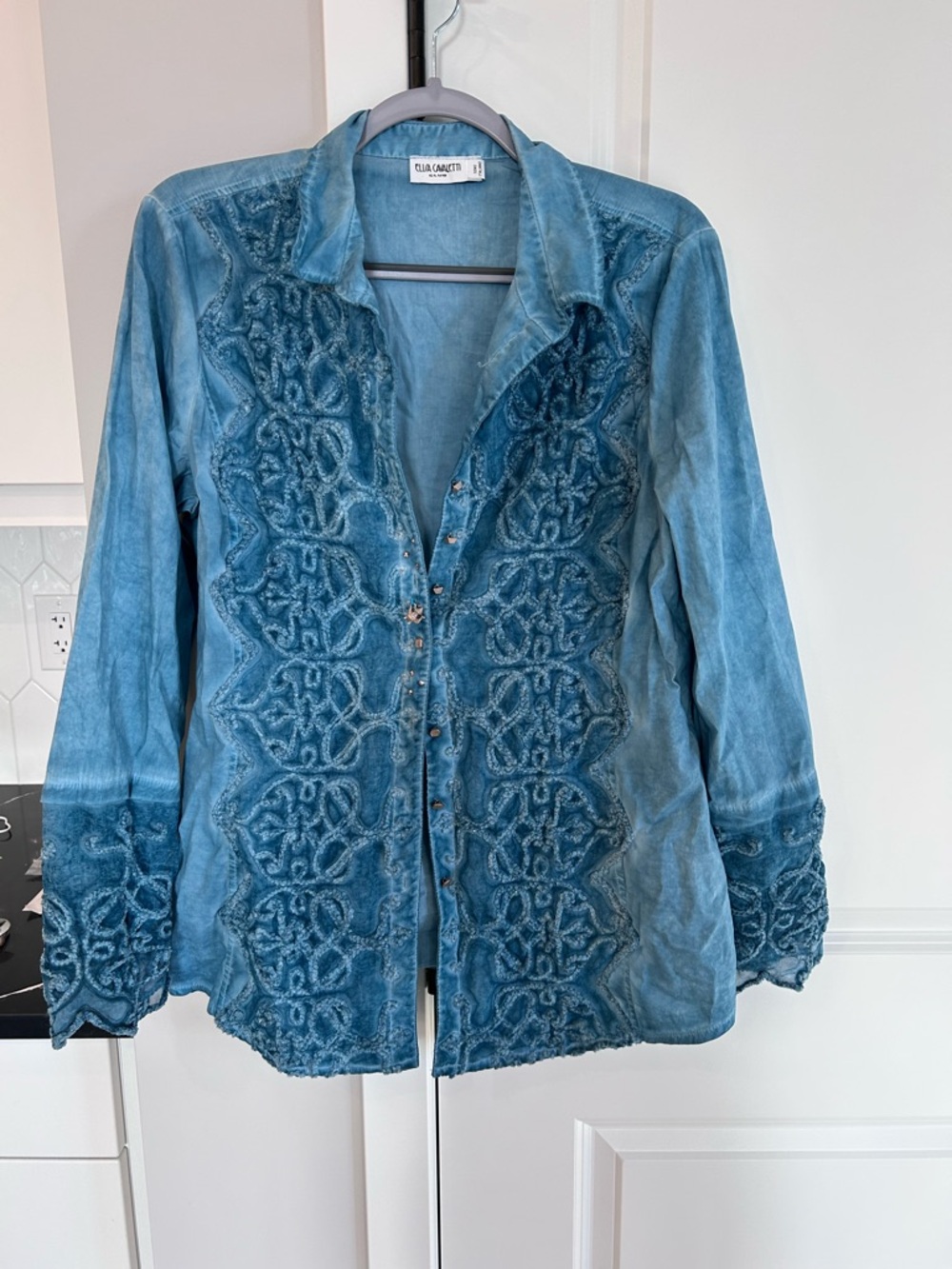 Elisa Cavaletti Washed Blue Embroidered Button-Up Blouse Artsy Boho Top